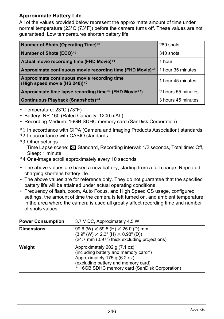 Ge 246 for, Approximate battery life | Casio EX-FC500S User Manual | Page 246 / 248