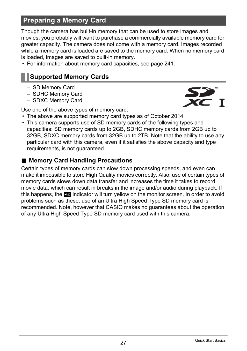 Preparing a memory card, Supported memory cards | Casio EX-FC500S User Manual | Page 27 / 248