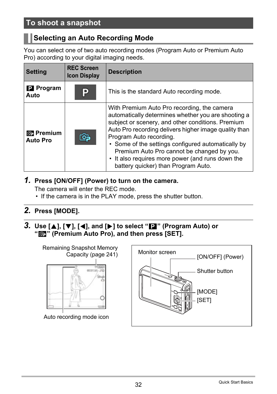 To shoot a snapshot, Selecting an auto recording mode | Casio EX-FC500S User Manual | Page 32 / 248
