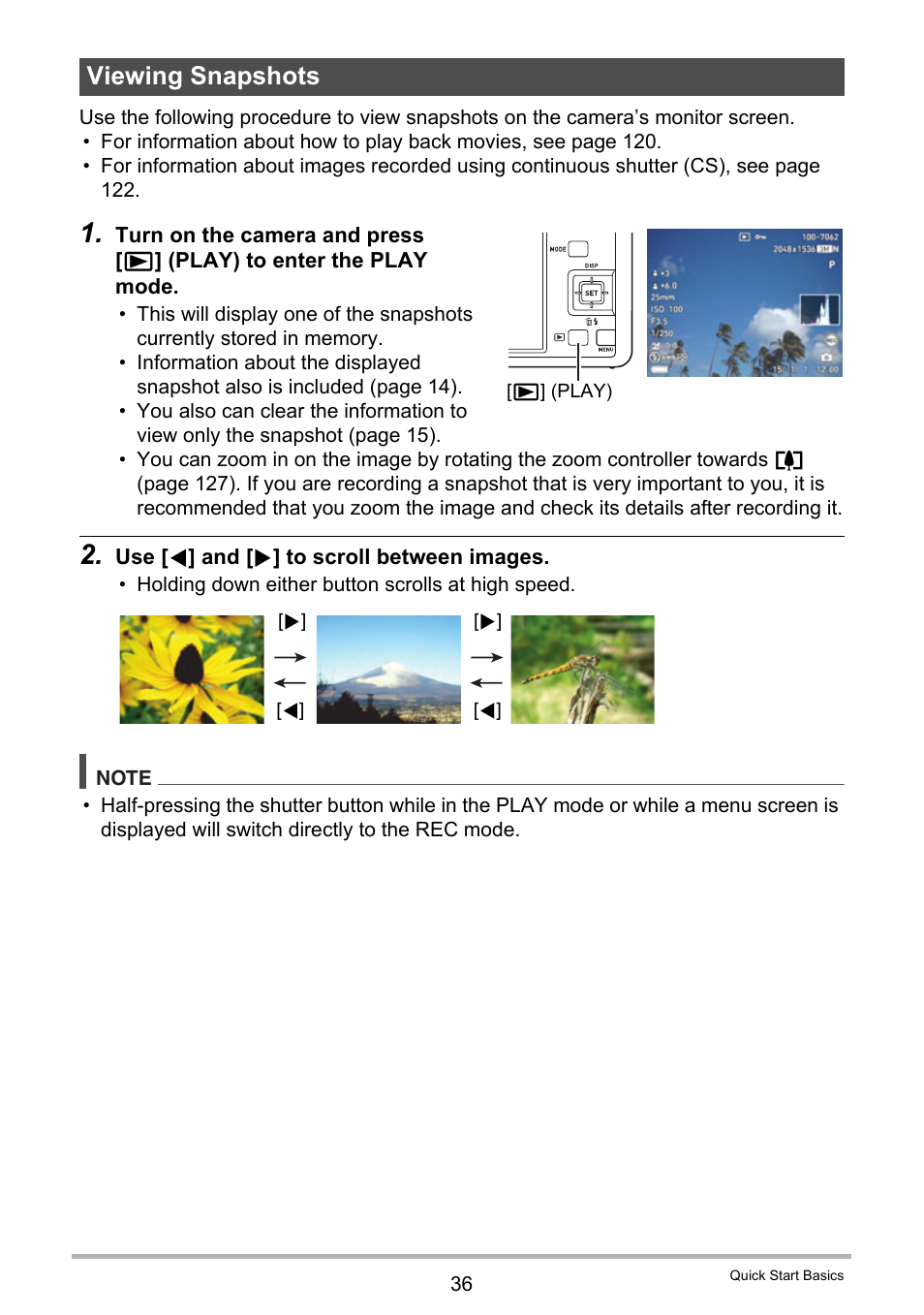 Viewing snapshots, Es 36 | Casio EX-FC500S User Manual | Page 36 / 248