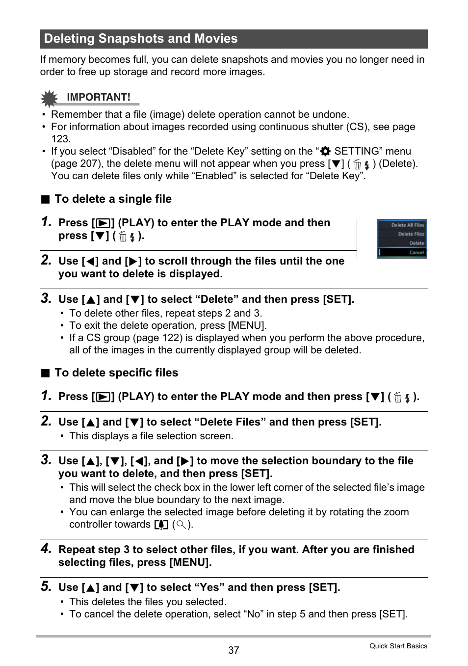 Deleting snapshots and movies | Casio EX-FC500S User Manual | Page 37 / 248