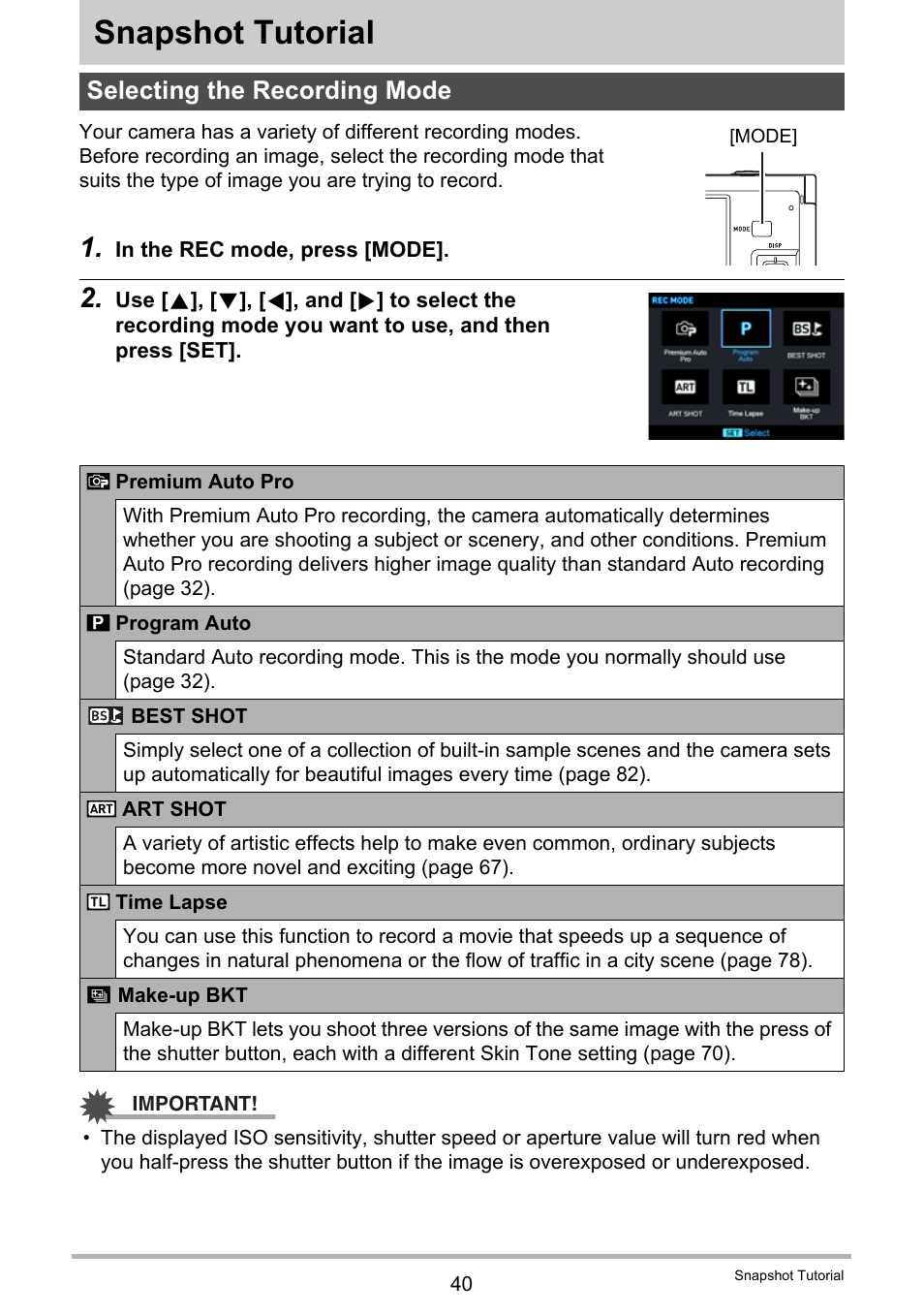 Snapshot tutorial, Selecting the recording mode | Casio EX-FC500S User Manual | Page 40 / 248