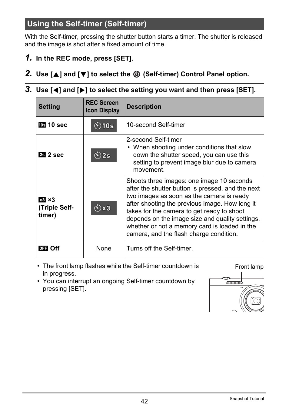 Using the self-timer (self-timer) | Casio EX-FC500S User Manual | Page 42 / 248