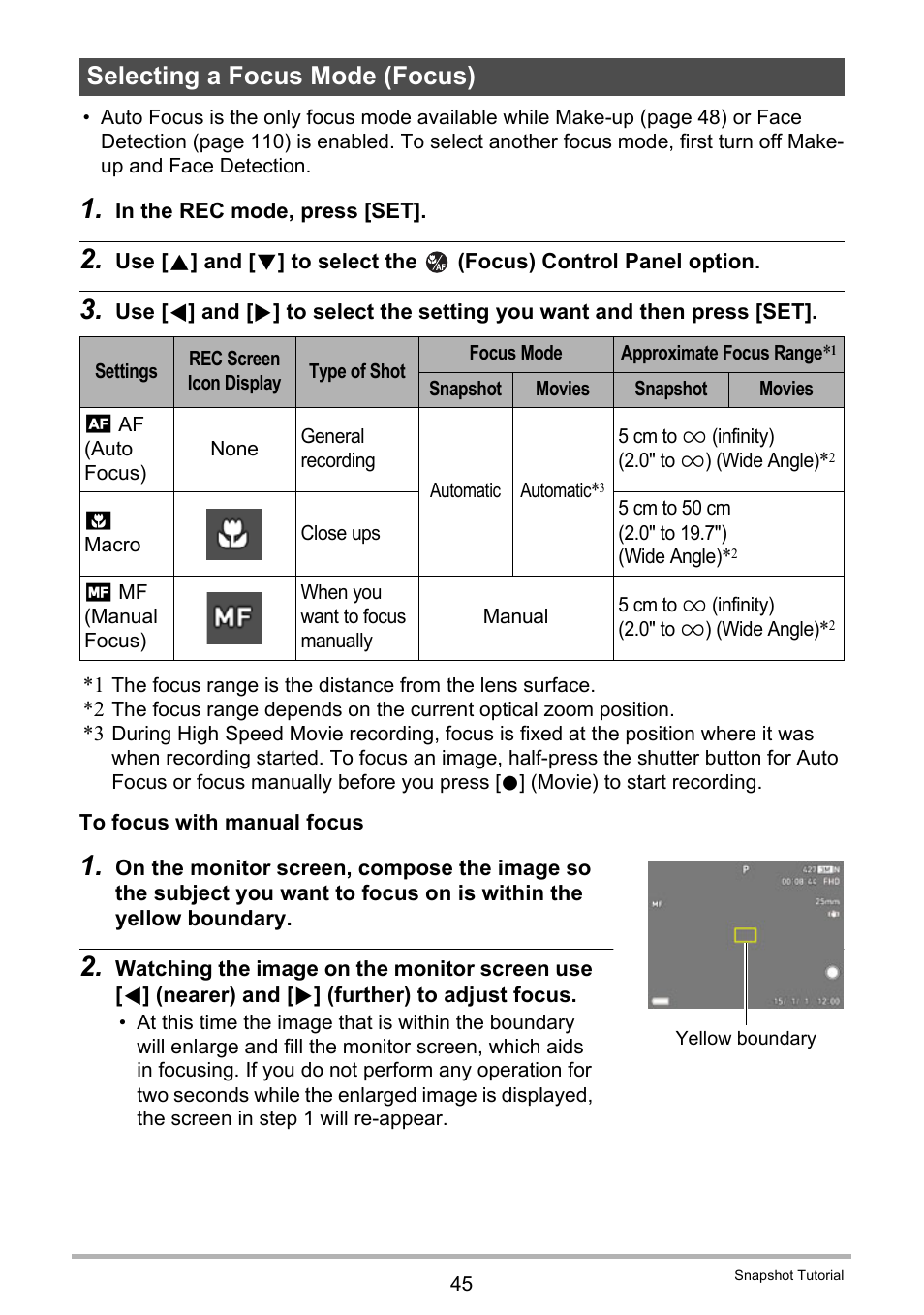 Selecting a focus mode (focus) | Casio EX-FC500S User Manual | Page 45 / 248