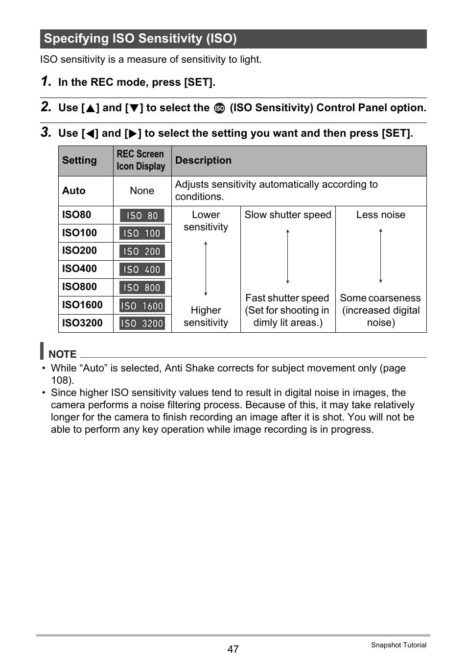 Specifying iso sensitivity (iso) | Casio EX-FC500S User Manual | Page 47 / 248