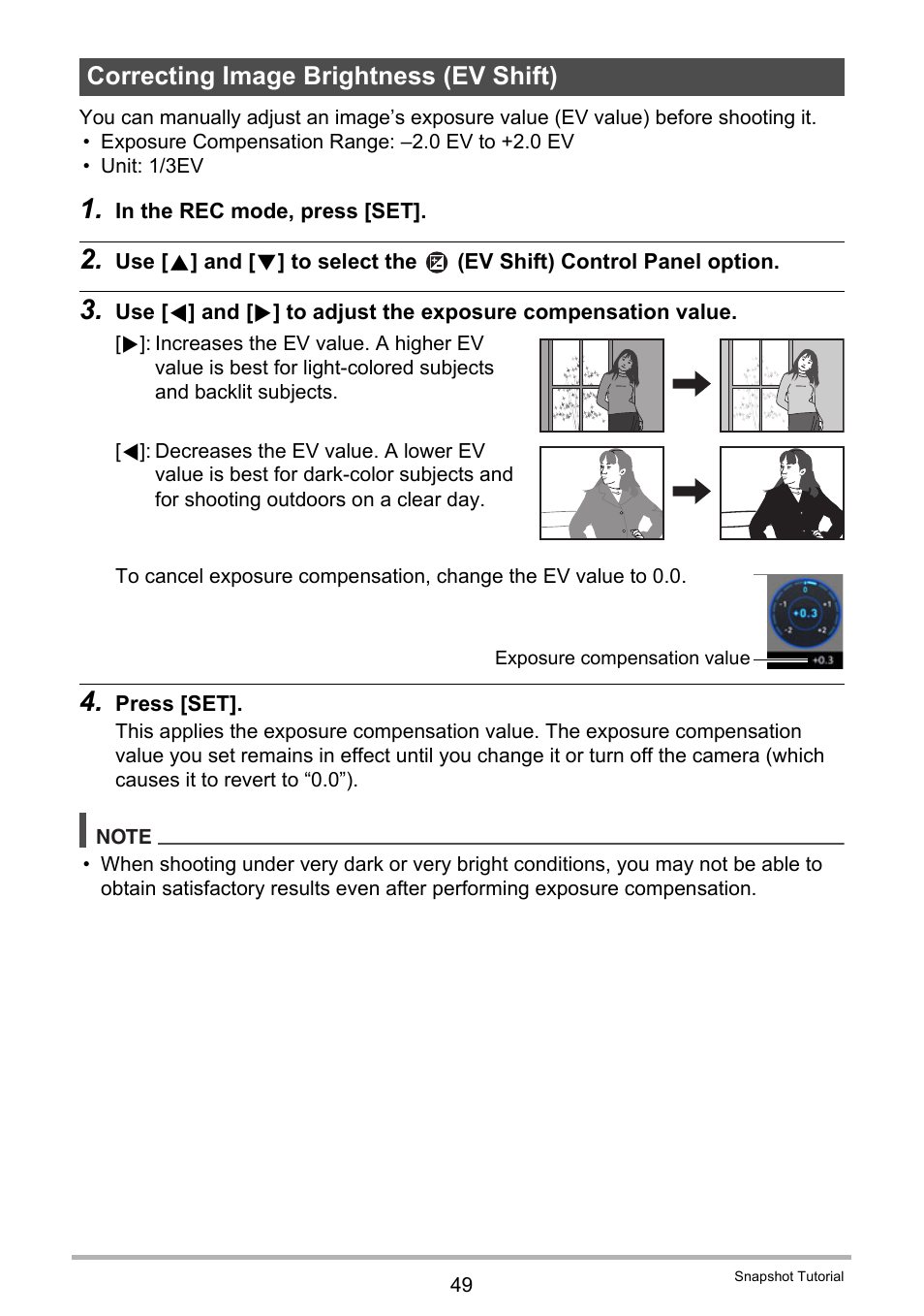 Correcting image brightness (ev shift) | Casio EX-FC500S User Manual | Page 49 / 248