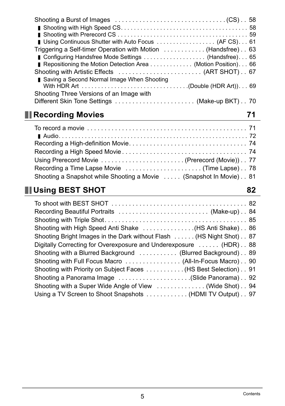 Recording movies 71, Using best shot 82 | Casio EX-FC500S User Manual | Page 5 / 248