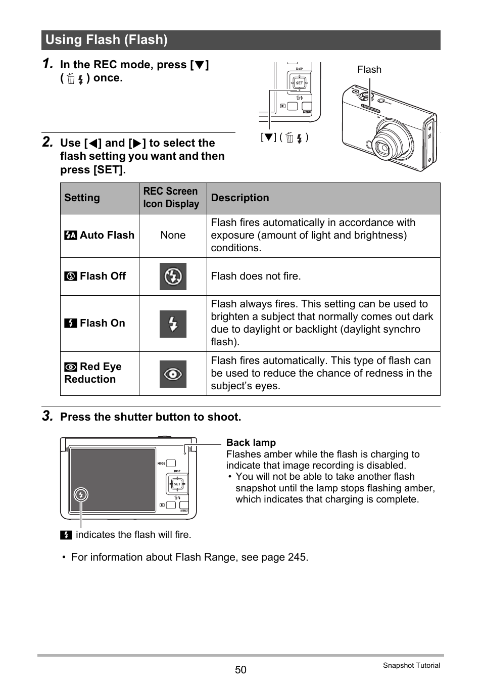 Using flash (flash) | Casio EX-FC500S User Manual | Page 50 / 248