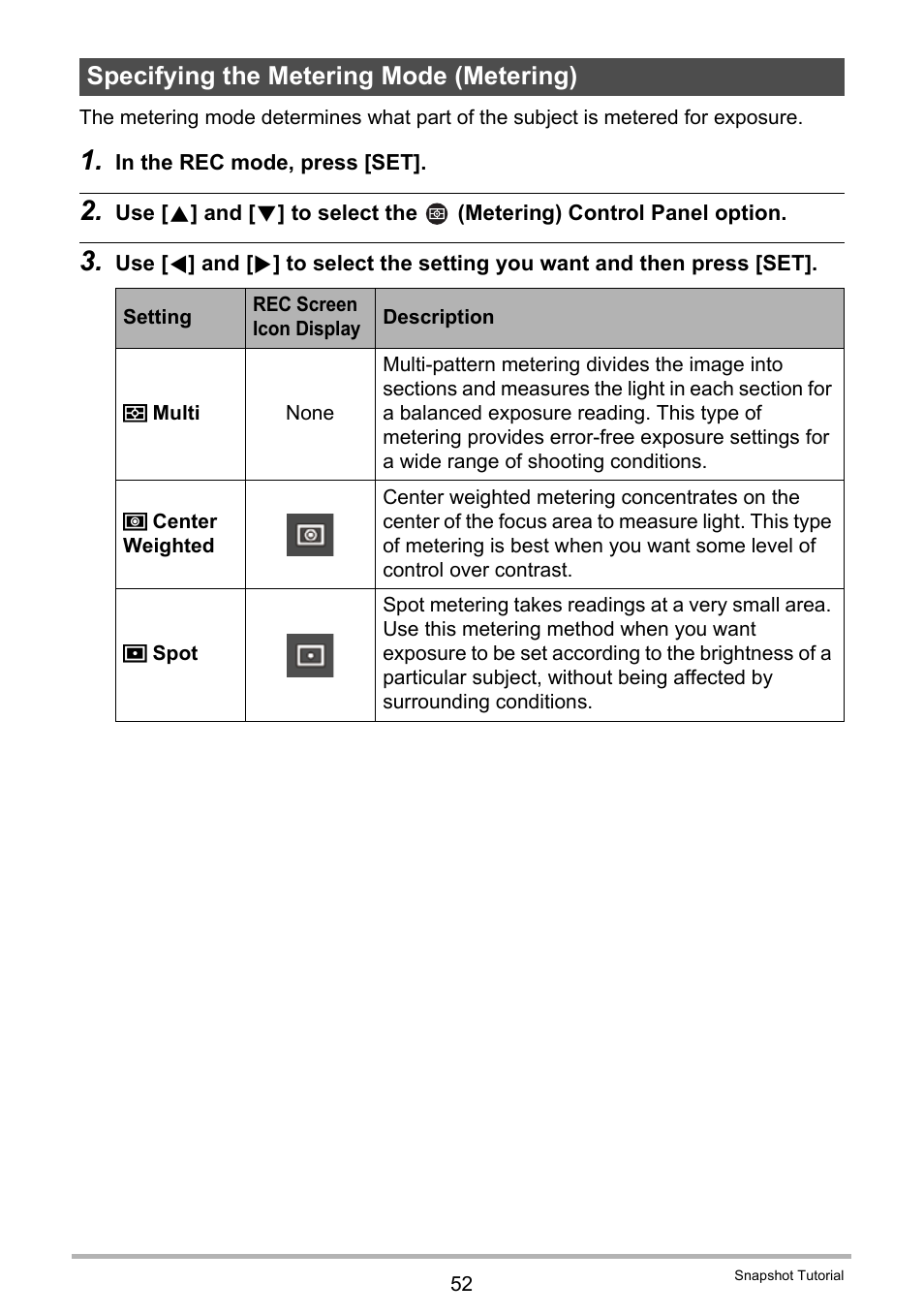 Specifying the metering mode (metering) | Casio EX-FC500S User Manual | Page 52 / 248