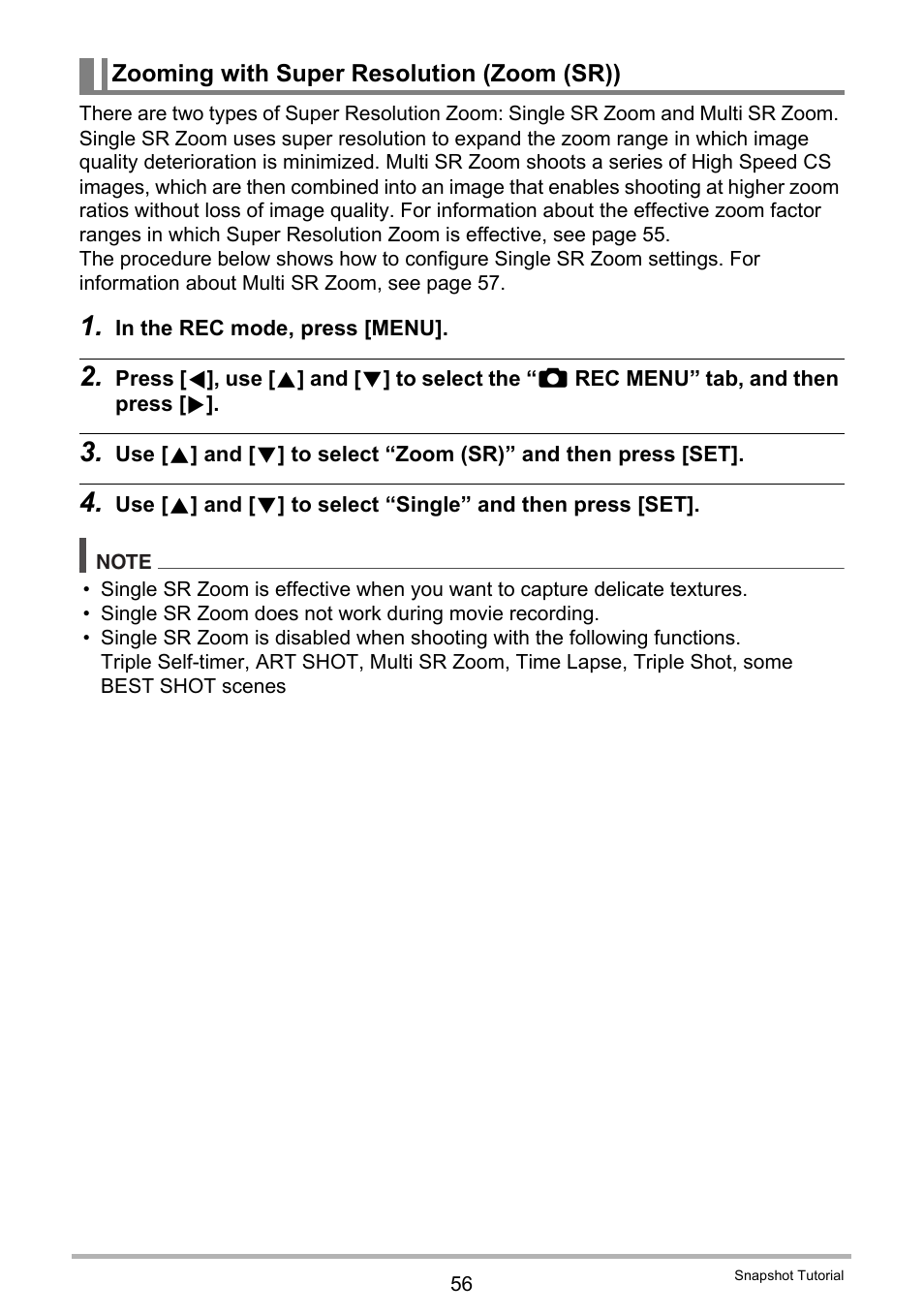 Zooming with super resolution (zoom (sr)) | Casio EX-FC500S User Manual | Page 56 / 248