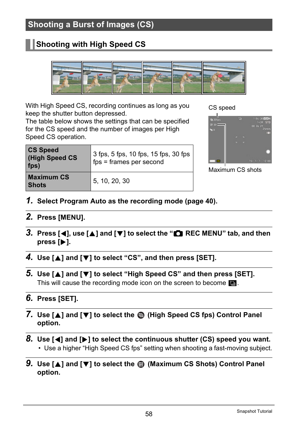 Shooting a burst of images (cs), Shooting with high speed cs | Casio EX-FC500S User Manual | Page 58 / 248