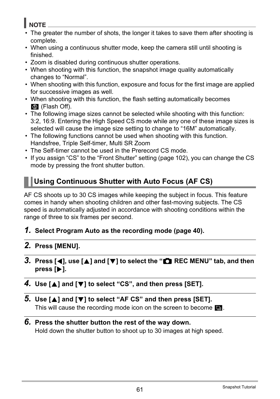 Using continuous shutter with auto focus (af cs) | Casio EX-FC500S User Manual | Page 61 / 248