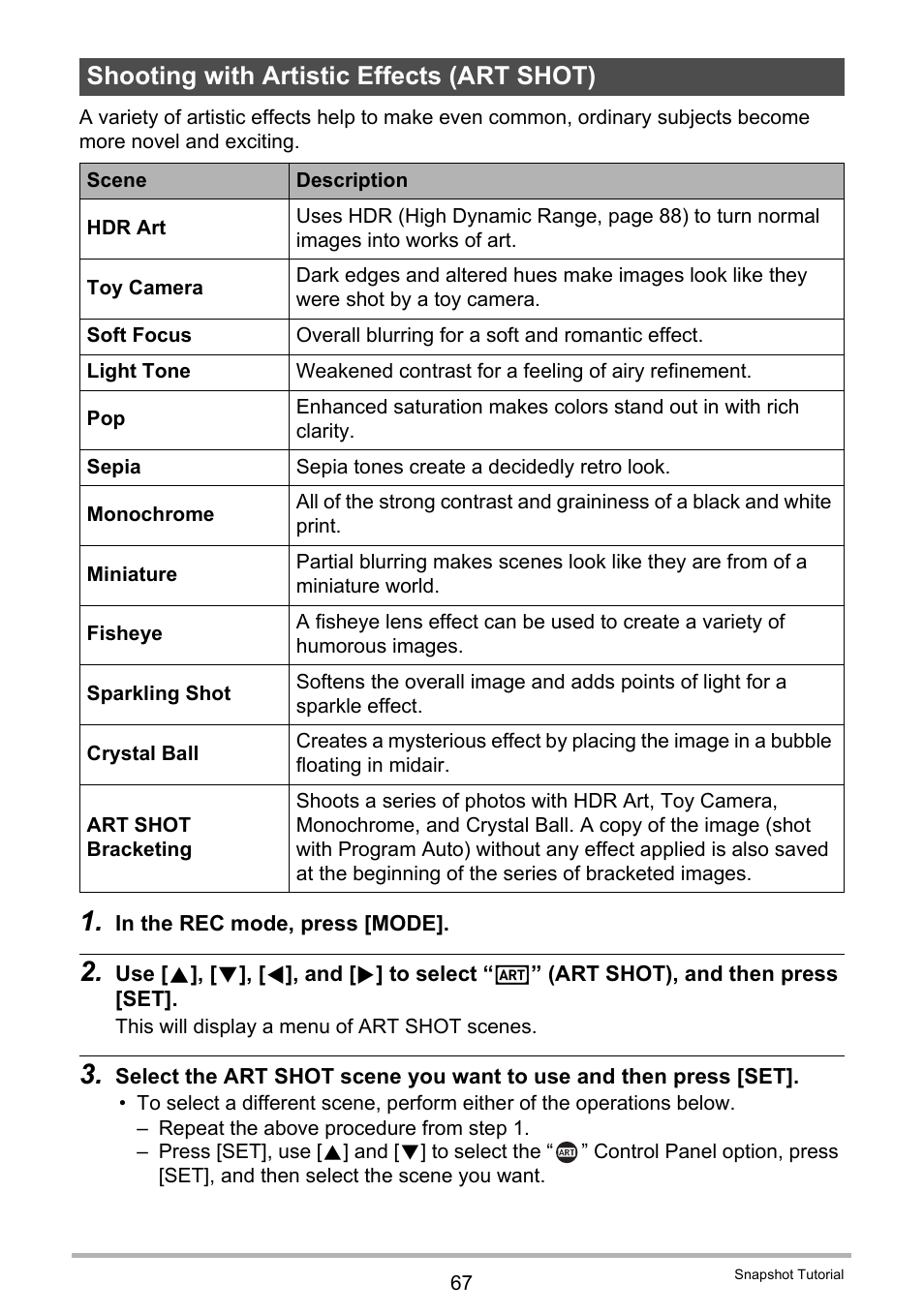 Shooting with artistic effects (art shot), Age 67) | Casio EX-FC500S User Manual | Page 67 / 248