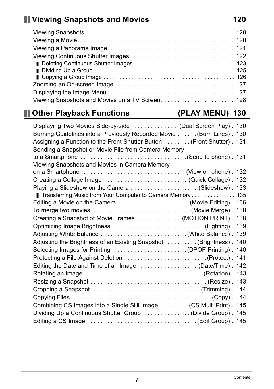 Viewing snapshots and movies 120, Other playback functions (play menu) 130 | Casio EX-FC500S User Manual | Page 7 / 248