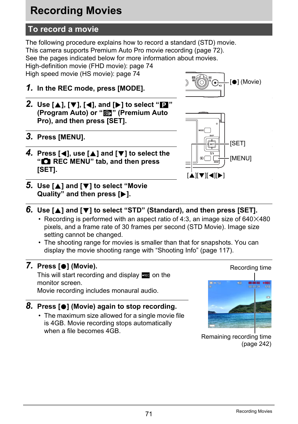 Recording movies, To record a movie | Casio EX-FC500S User Manual | Page 71 / 248