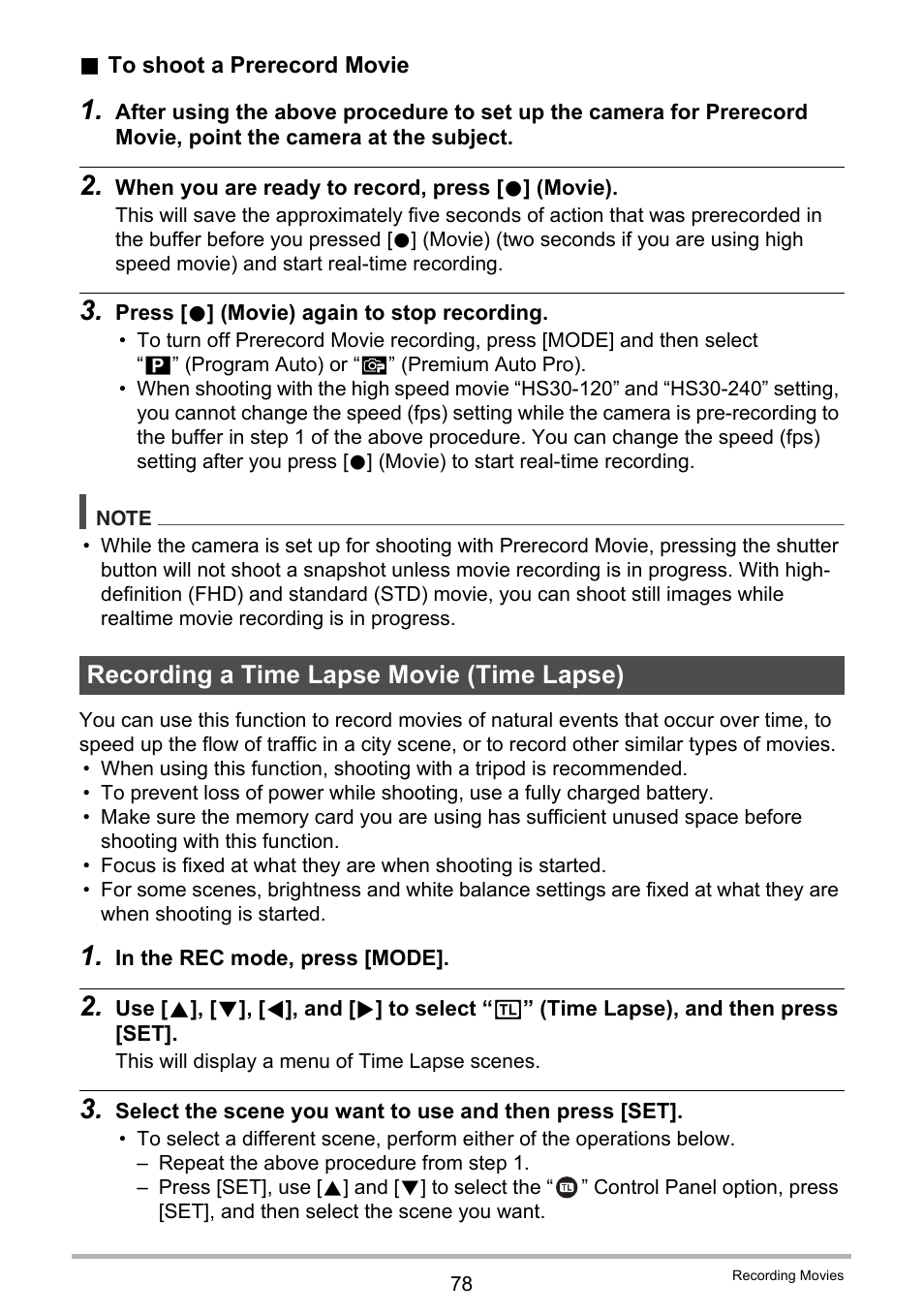 Recording a time lapse movie (time lapse) | Casio EX-FC500S User Manual | Page 78 / 248