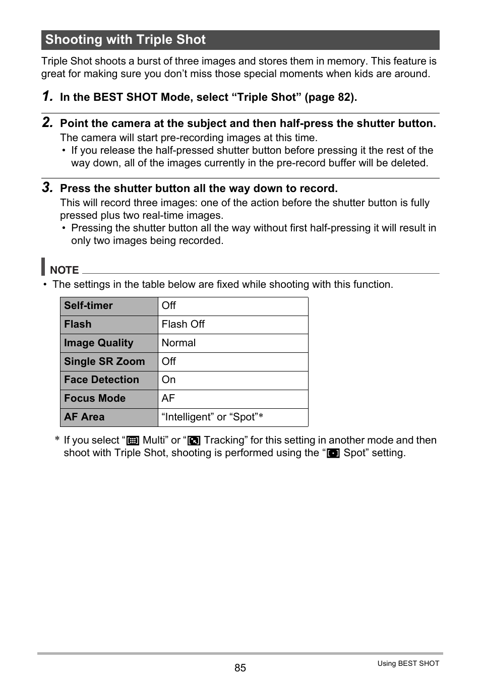 Shooting with triple shot | Casio EX-FC500S User Manual | Page 85 / 248