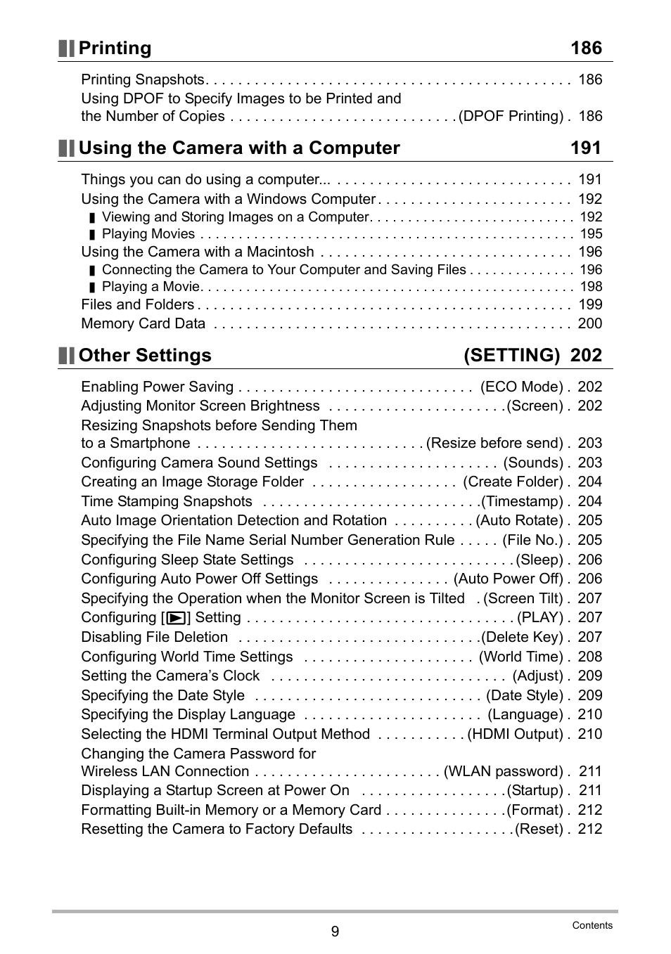Printing 186, Using the camera with a computer 191, Other settings (setting) 202 | Casio EX-FC500S User Manual | Page 9 / 248