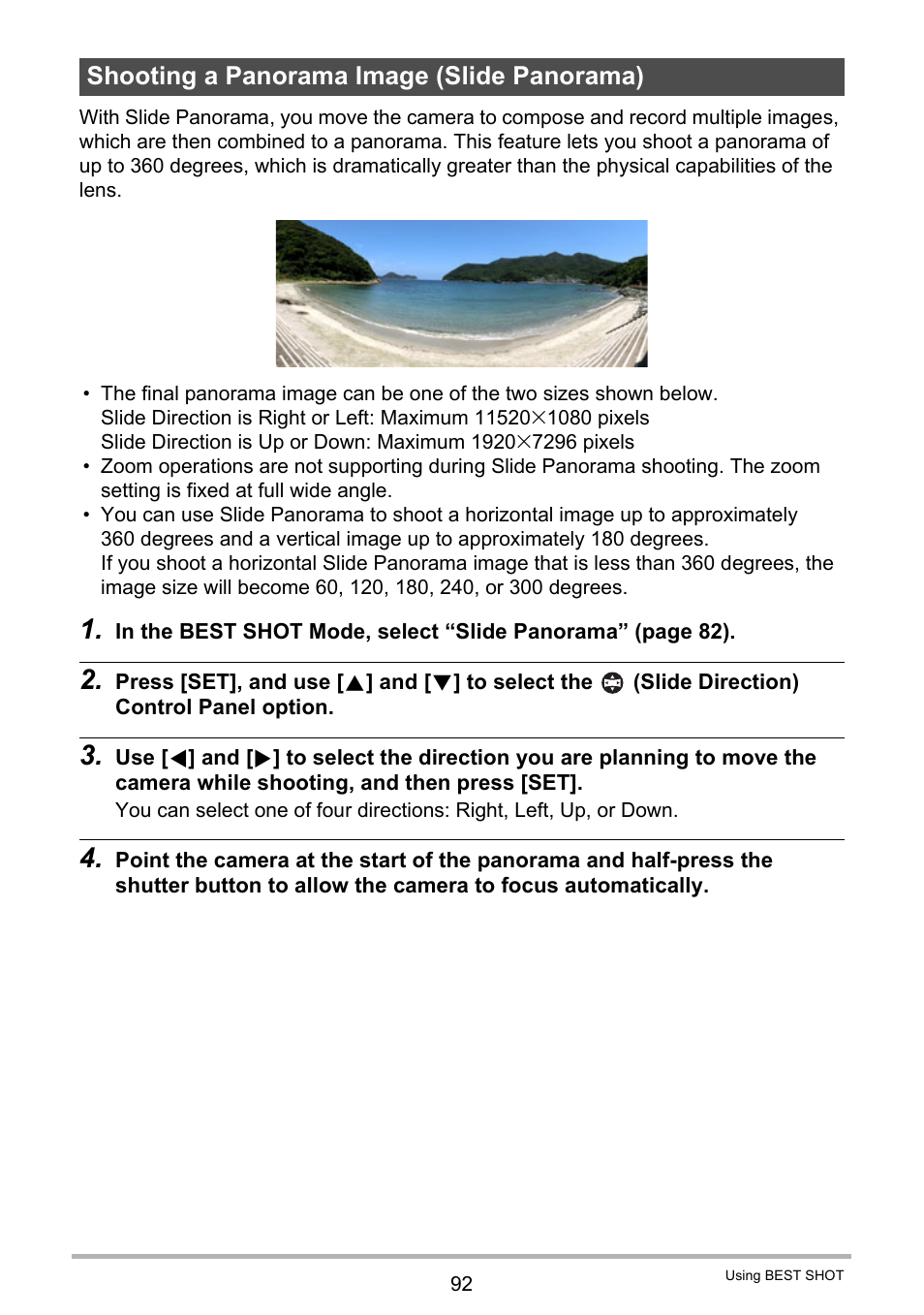 Shooting a panorama image (slide panorama) | Casio EX-FC500S User Manual | Page 92 / 248