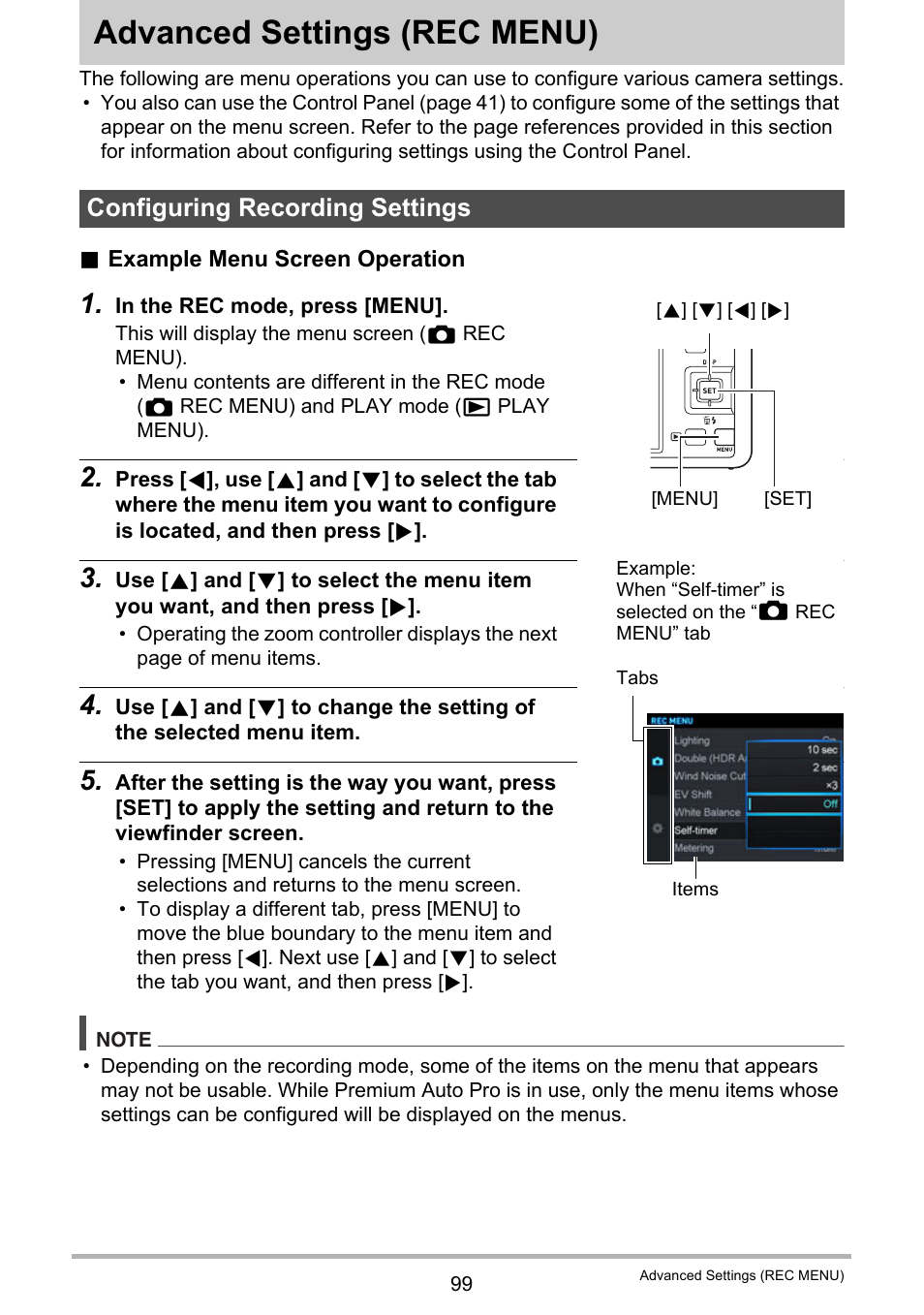 Advanced settings (rec menu), Configuring recording settings, Advanced settings | Rec menu) 99, Age 99) | Casio EX-FC500S User Manual | Page 99 / 248