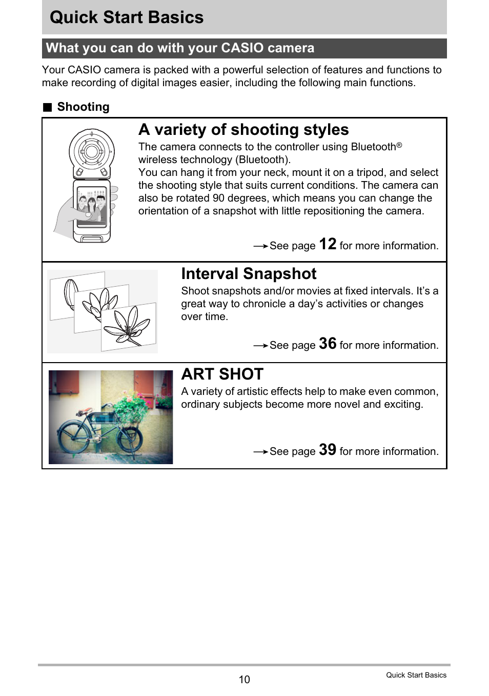 Quick start basics, What you can do with your casio camera, A variety of shooting styles | Interval snapshot, Art shot | Casio EX-FR10 (Camera: Ver. 1.00 and 1.01, Controller: Ver. 1.00) User Manual | Page 10 / 119