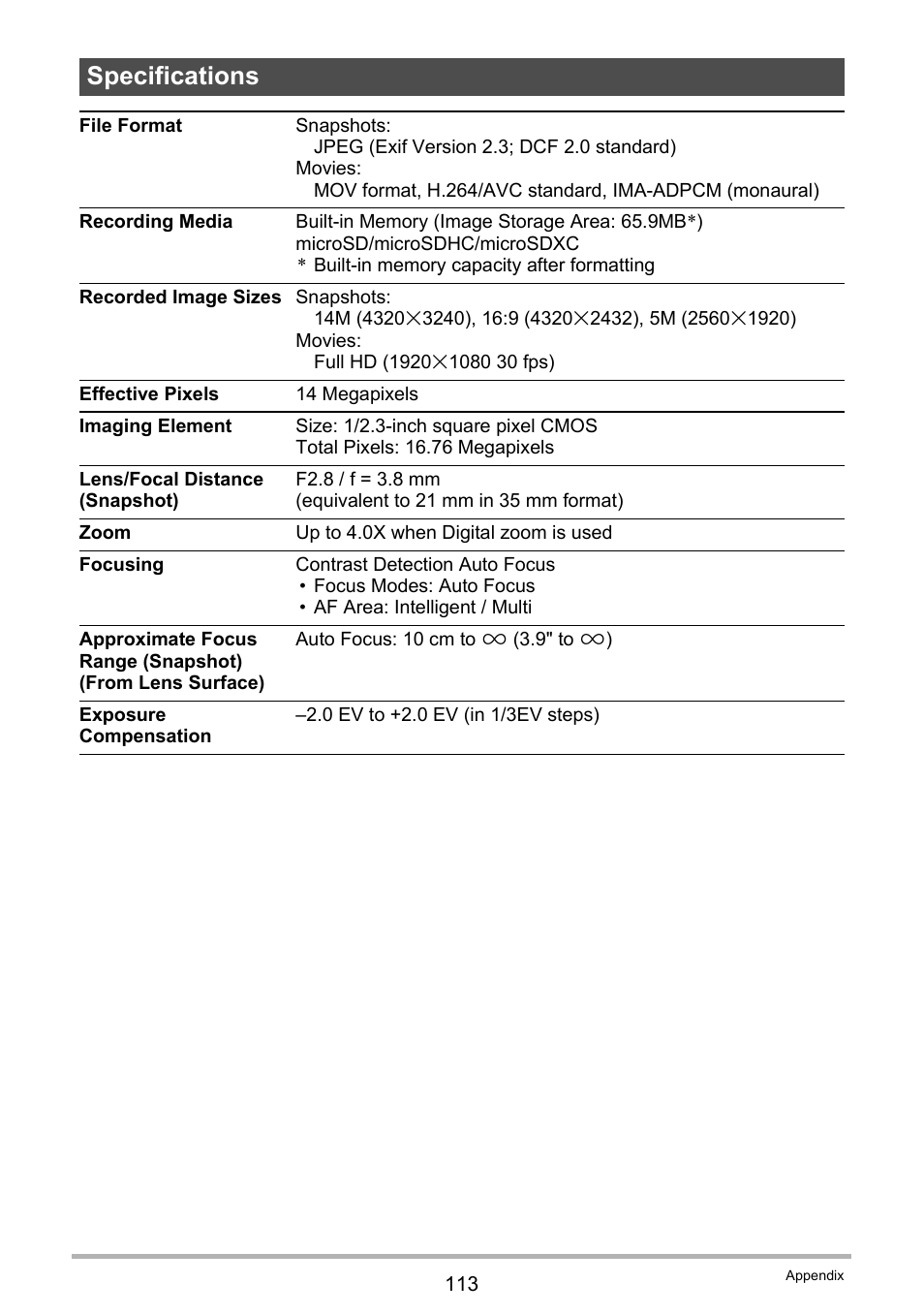 Specifications | Casio EX-FR10 (Camera: Ver. 1.00 and 1.01, Controller: Ver. 1.00) User Manual | Page 113 / 119