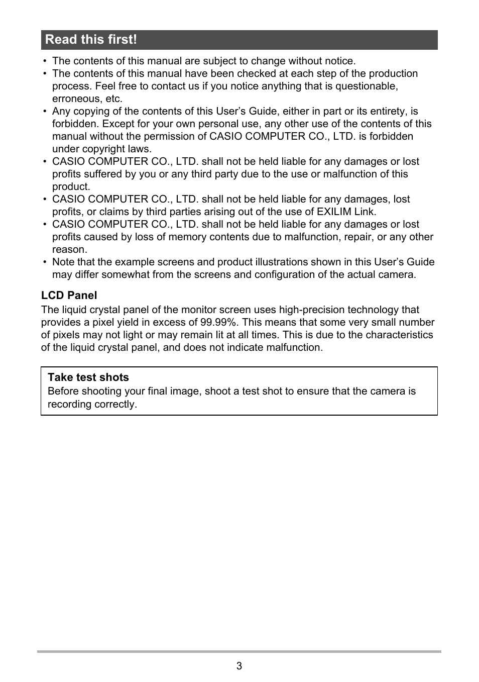 Read this first | Casio EX-FR10 (Camera: Ver. 1.00 and 1.01, Controller: Ver. 1.00) User Manual | Page 3 / 119