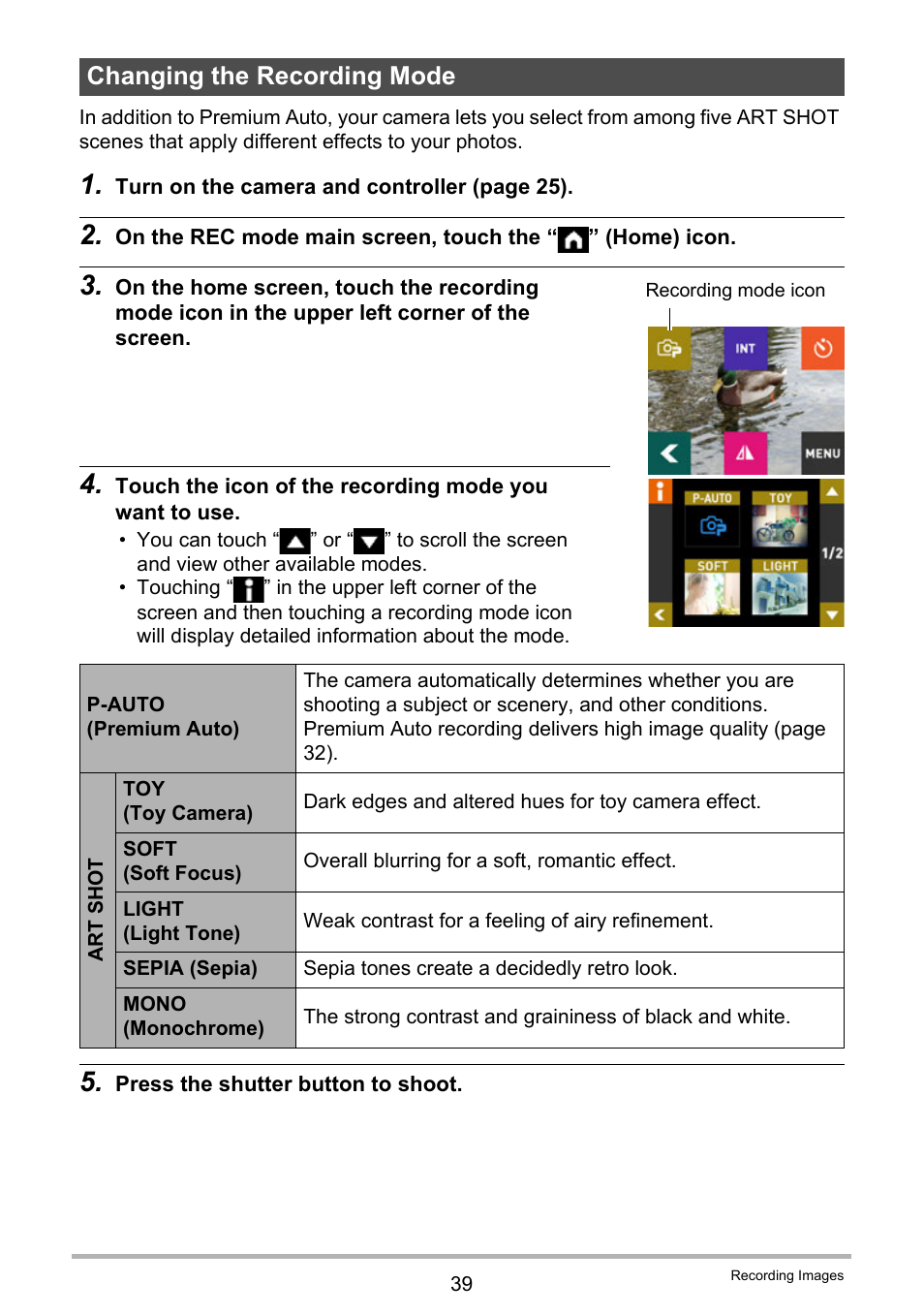 Changing the recording mode | Casio EX-FR10 (Camera: Ver. 1.00 and 1.01, Controller: Ver. 1.00) User Manual | Page 39 / 119