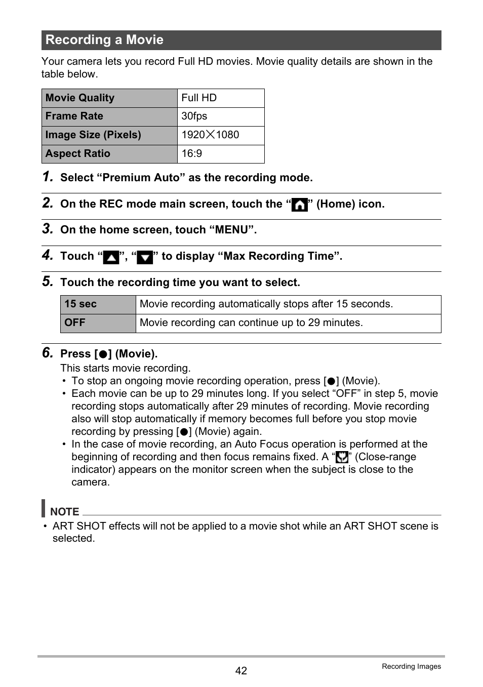 Recording a movie | Casio EX-FR10 (Camera: Ver. 1.00 and 1.01, Controller: Ver. 1.00) User Manual | Page 42 / 119