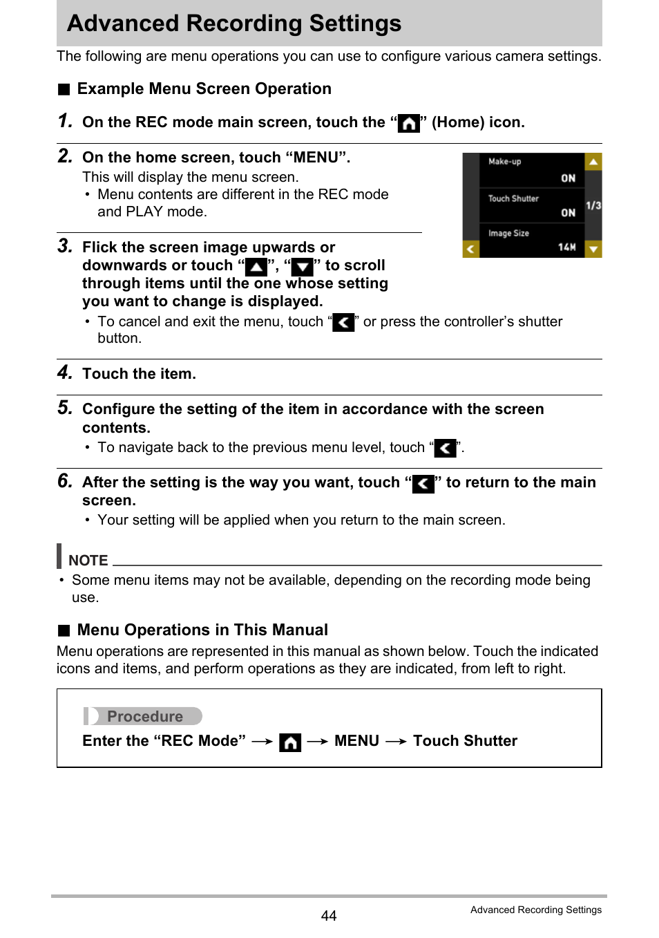 Advanced recording settings | Casio EX-FR10 (Camera: Ver. 1.00 and 1.01, Controller: Ver. 1.00) User Manual | Page 44 / 119