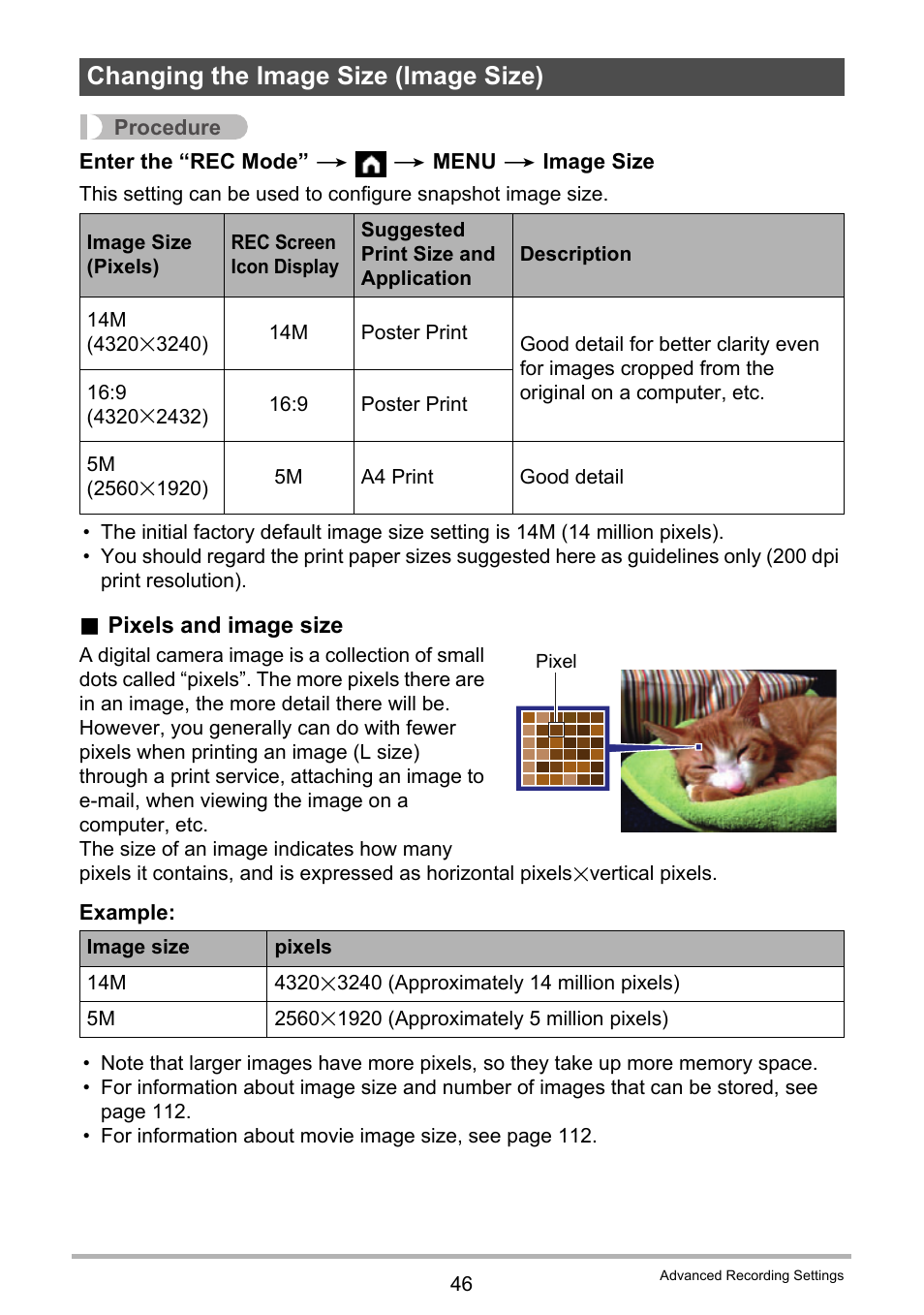 Changing the image size (image size), Ge 46 for | Casio EX-FR10 (Camera: Ver. 1.00 and 1.01, Controller: Ver. 1.00) User Manual | Page 46 / 119