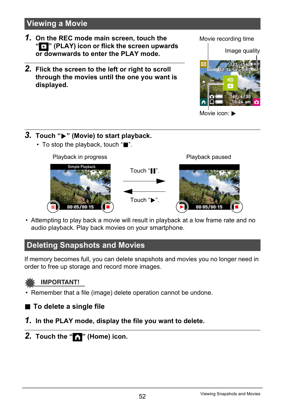 Viewing a movie, Deleting snapshots and movies, Viewing a movie deleting snapshots and movies | Age 52 | Casio EX-FR10 (Camera: Ver. 1.00 and 1.01, Controller: Ver. 1.00) User Manual | Page 52 / 119