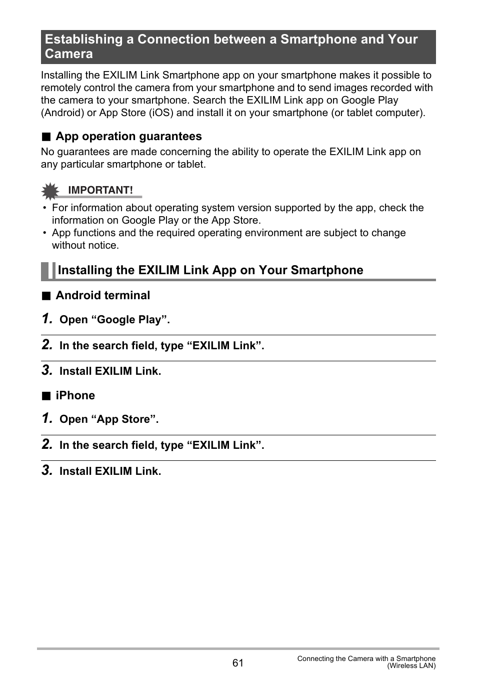 Installing the exilim link app on your smartphone | Casio EX-FR10 (Camera: Ver. 1.00 and 1.01, Controller: Ver. 1.00) User Manual | Page 61 / 119