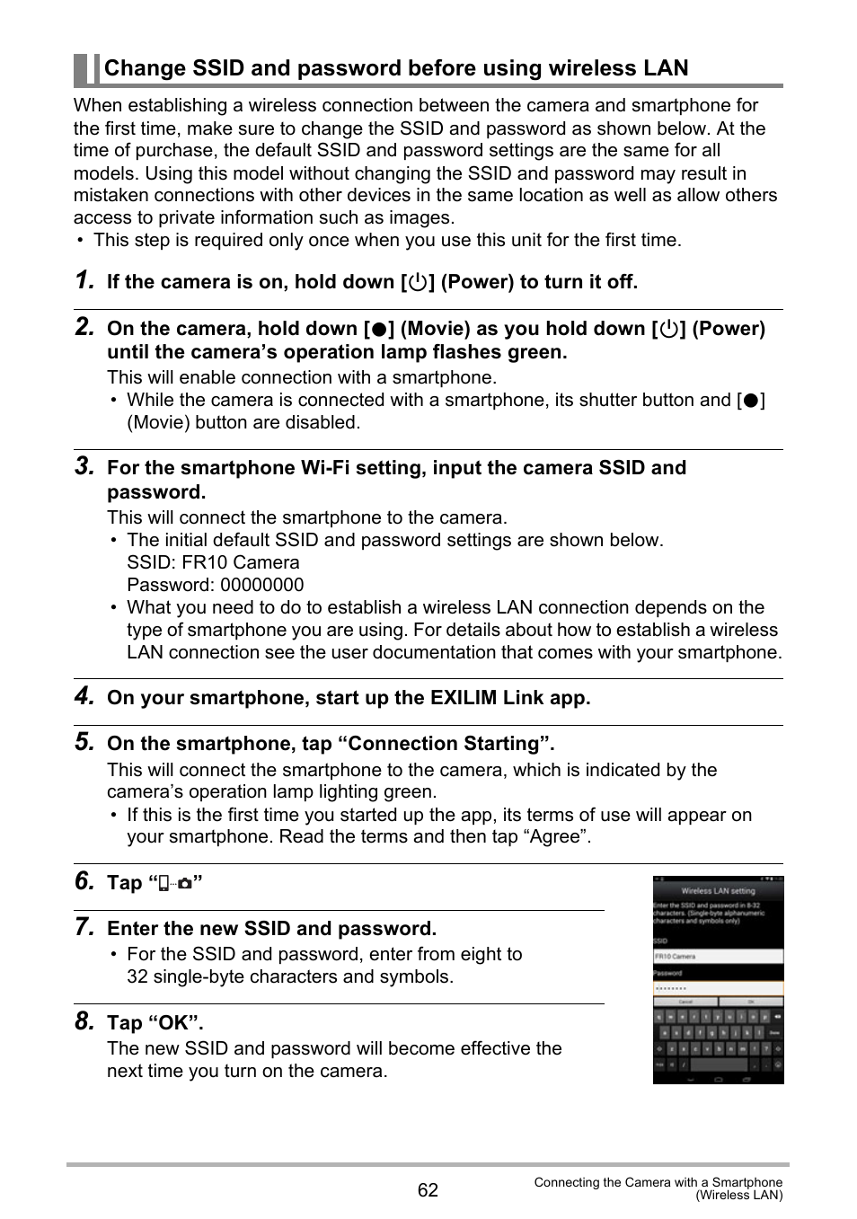 Change ssid and password before using wireless lan | Casio EX-FR10 (Camera: Ver. 1.00 and 1.01, Controller: Ver. 1.00) User Manual | Page 62 / 119