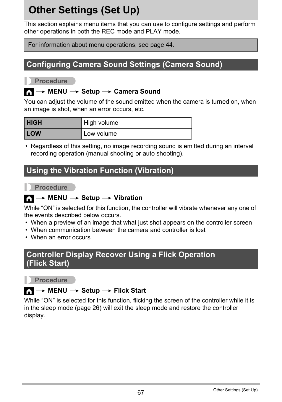 Other settings (set up), Configuring camera sound settings (camera sound), Using the vibration function (vibration) | Other settings, Set up) 67 | Casio EX-FR10 (Camera: Ver. 1.00 and 1.01, Controller: Ver. 1.00) User Manual | Page 67 / 119