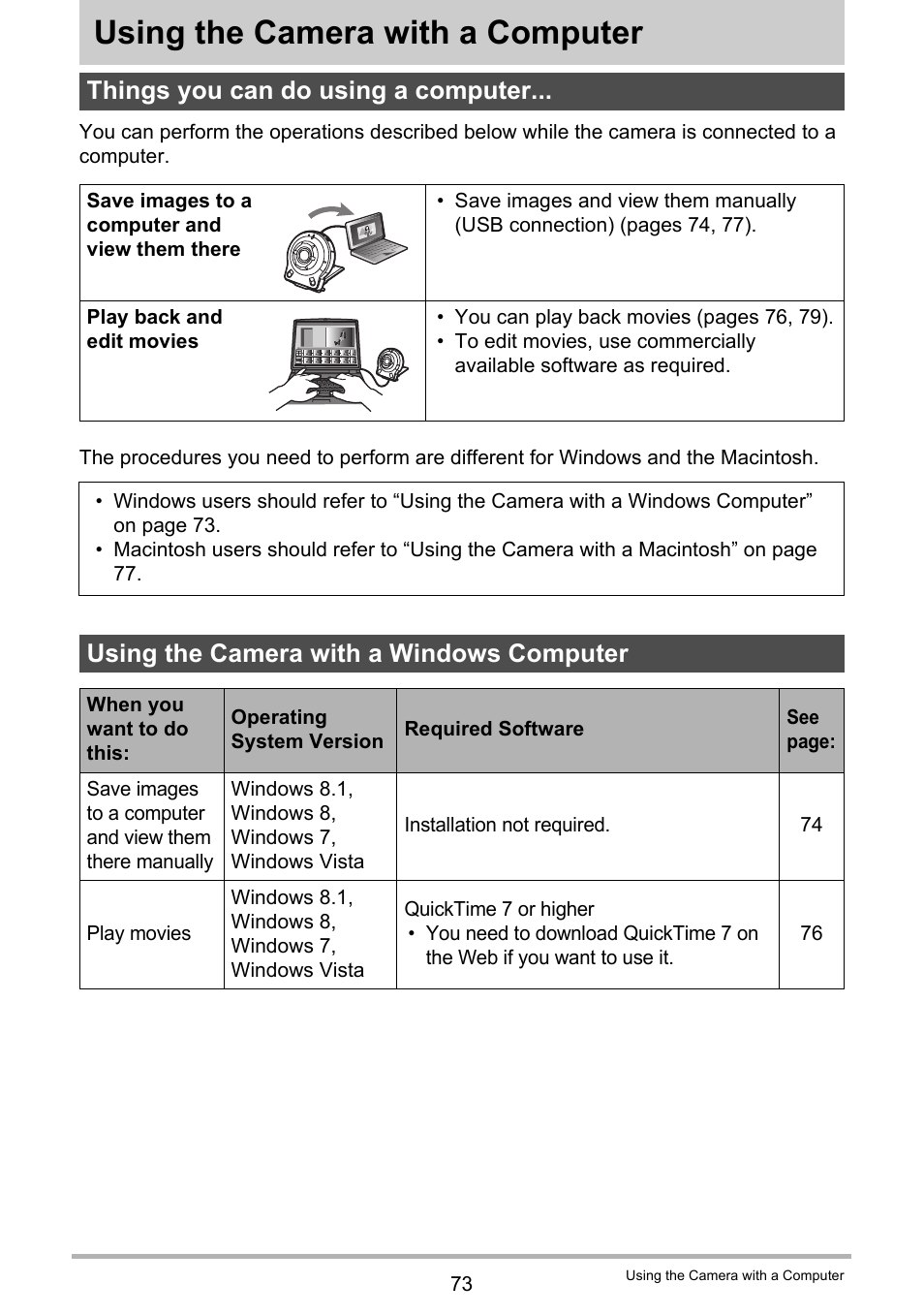 Using the camera with a computer, Things you can do using a computer, Using the camera with a windows computer | Casio EX-FR10 (Camera: Ver. 1.00 and 1.01, Controller: Ver. 1.00) User Manual | Page 73 / 119