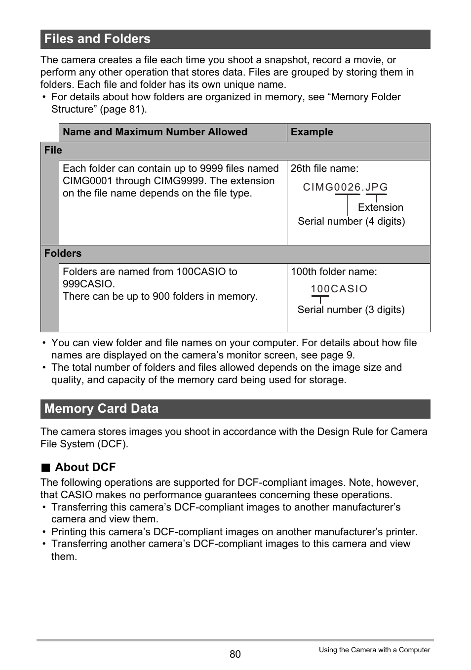 Files and folders, Memory card data | Casio EX-FR10 (Camera: Ver. 1.00 and 1.01, Controller: Ver. 1.00) User Manual | Page 80 / 119