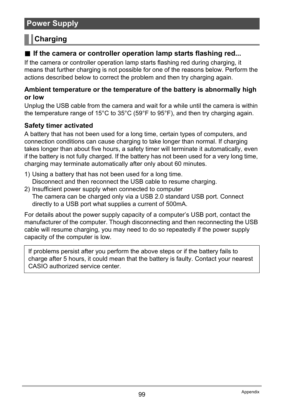 Power supply, Charging | Casio EX-FR10 (Camera: Ver. 1.00 and 1.01, Controller: Ver. 1.00) User Manual | Page 99 / 119