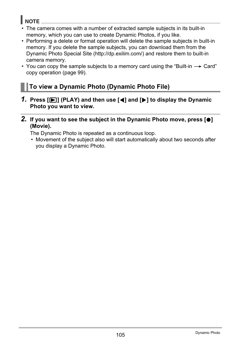 To view a dynamic photo (dynamic photo file) | Casio EX-H5 User Manual | Page 105 / 186