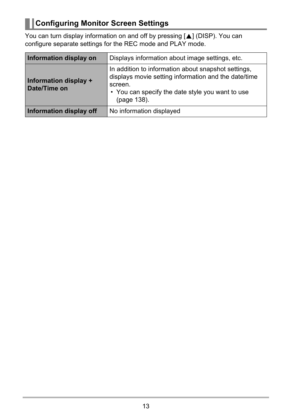 Configuring monitor screen settings | Casio EX-H5 User Manual | Page 13 / 186