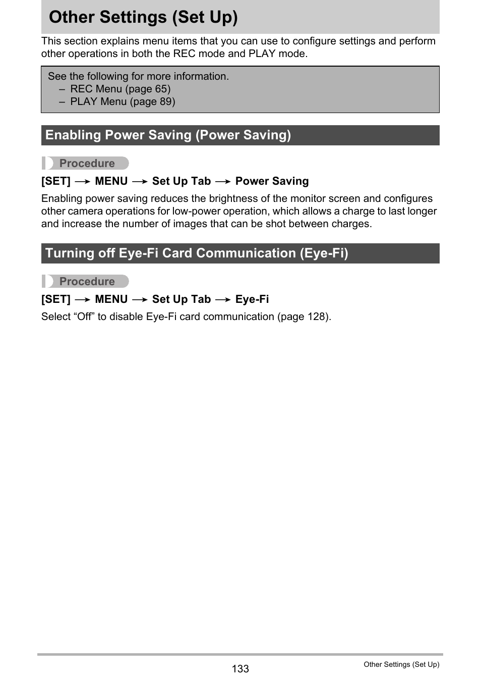 Other settings (set up), Enabling power saving (power saving), Turning off eye-fi card communication (eye-fi) | Other settings, Set up) 133 | Casio EX-H5 User Manual | Page 133 / 186