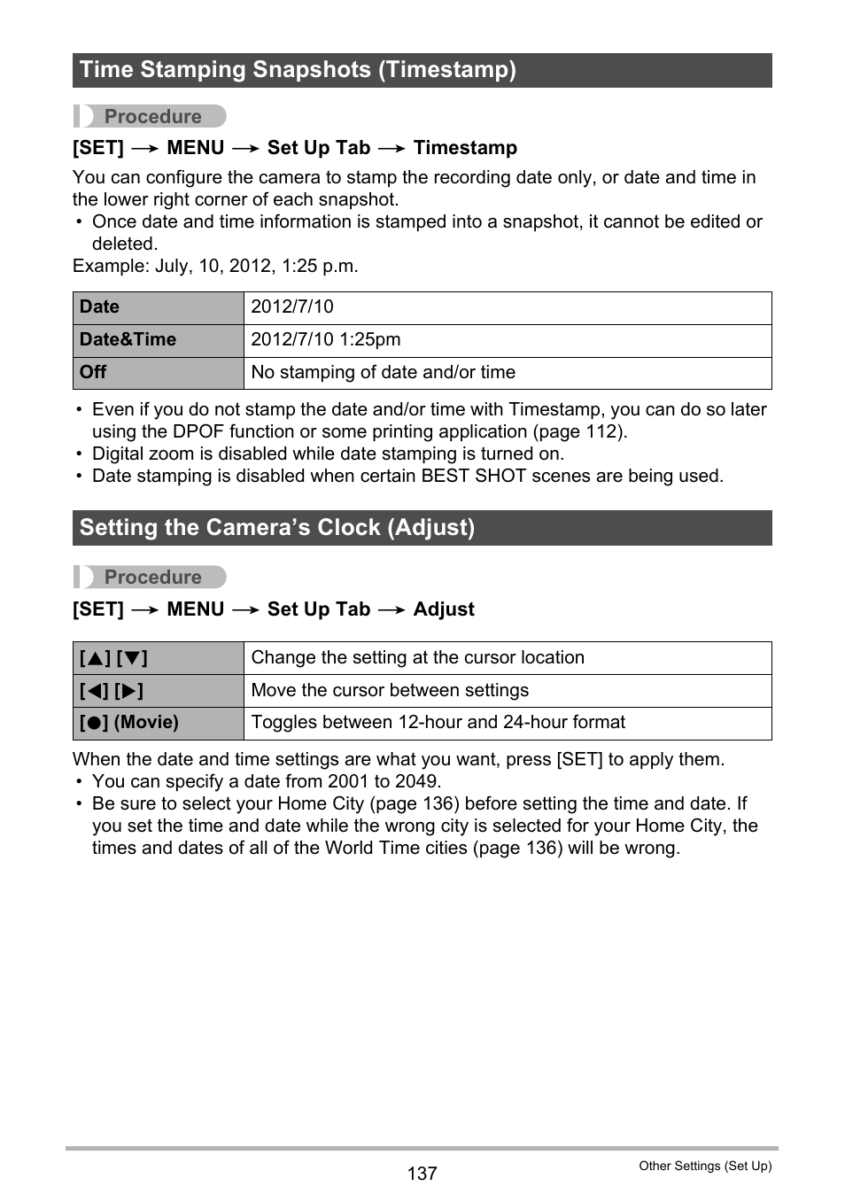 Time stamping snapshots (timestamp), Setting the camera’s clock (adjust) | Casio EX-H5 User Manual | Page 137 / 186