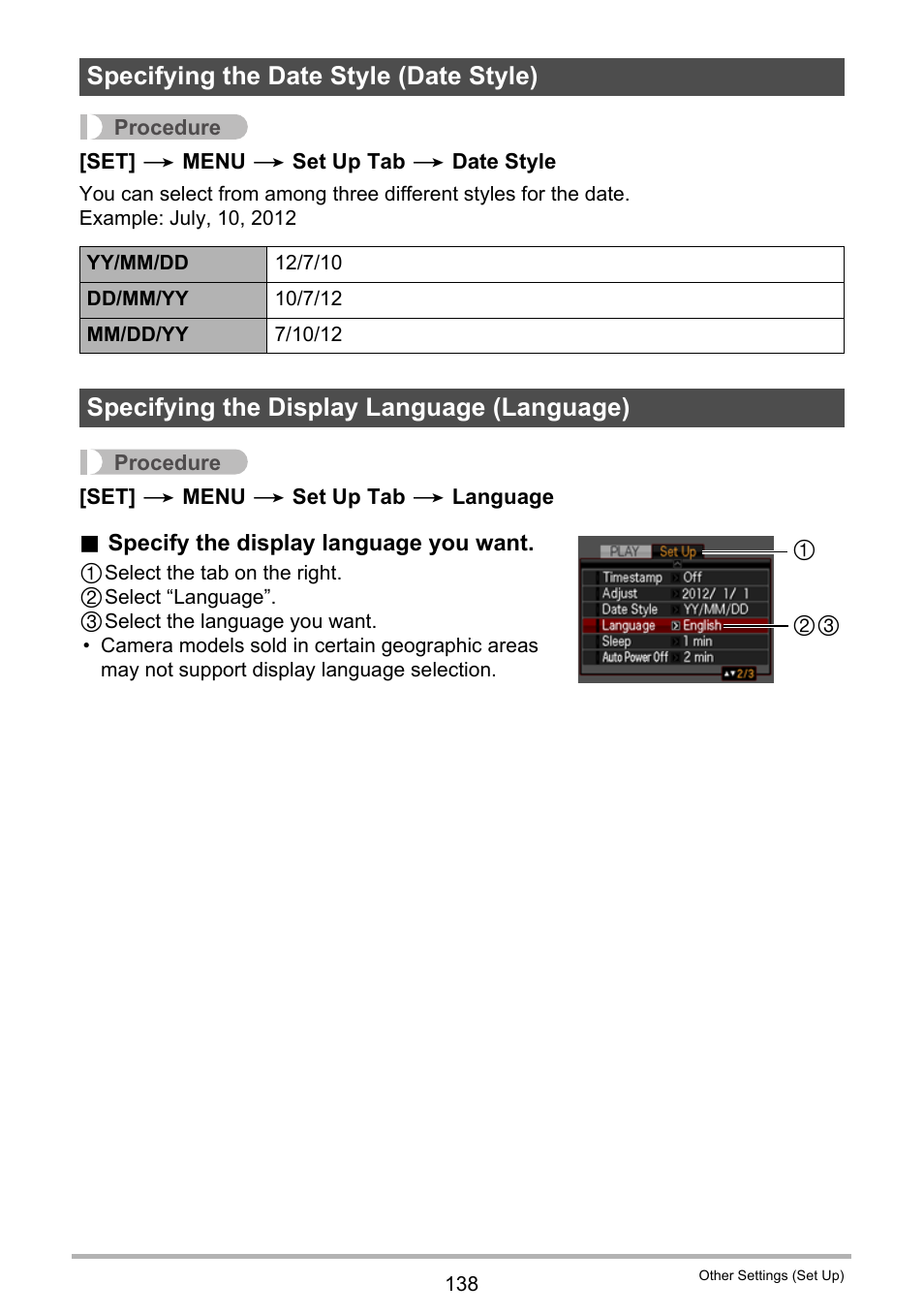 Specifying the date style (date style), Specifying the display language (language), E 138). n | Casio EX-H5 User Manual | Page 138 / 186