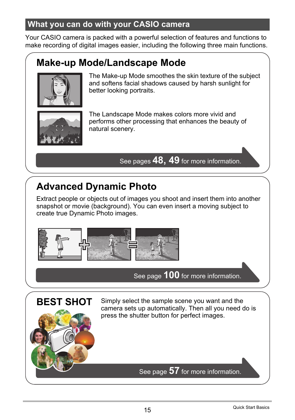 What you can do with your casio camera, Best shot, Advanced dynamic photo | Make-up mode/landscape mode | Casio EX-H5 User Manual | Page 15 / 186