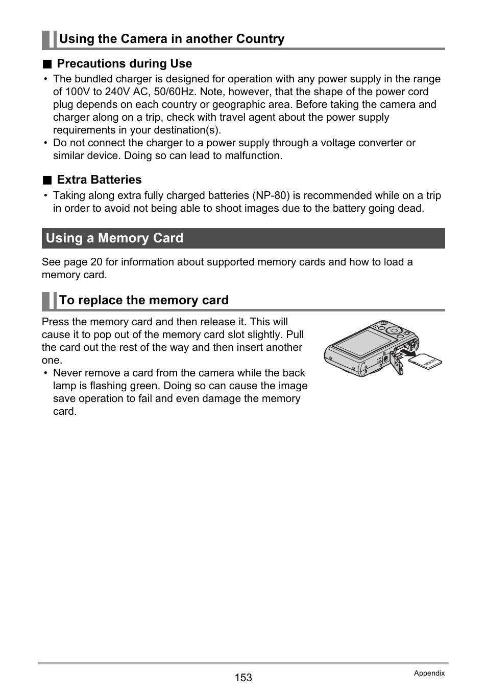 Using the camera in another country, Using a memory card, To replace the memory card | Casio EX-H5 User Manual | Page 153 / 186