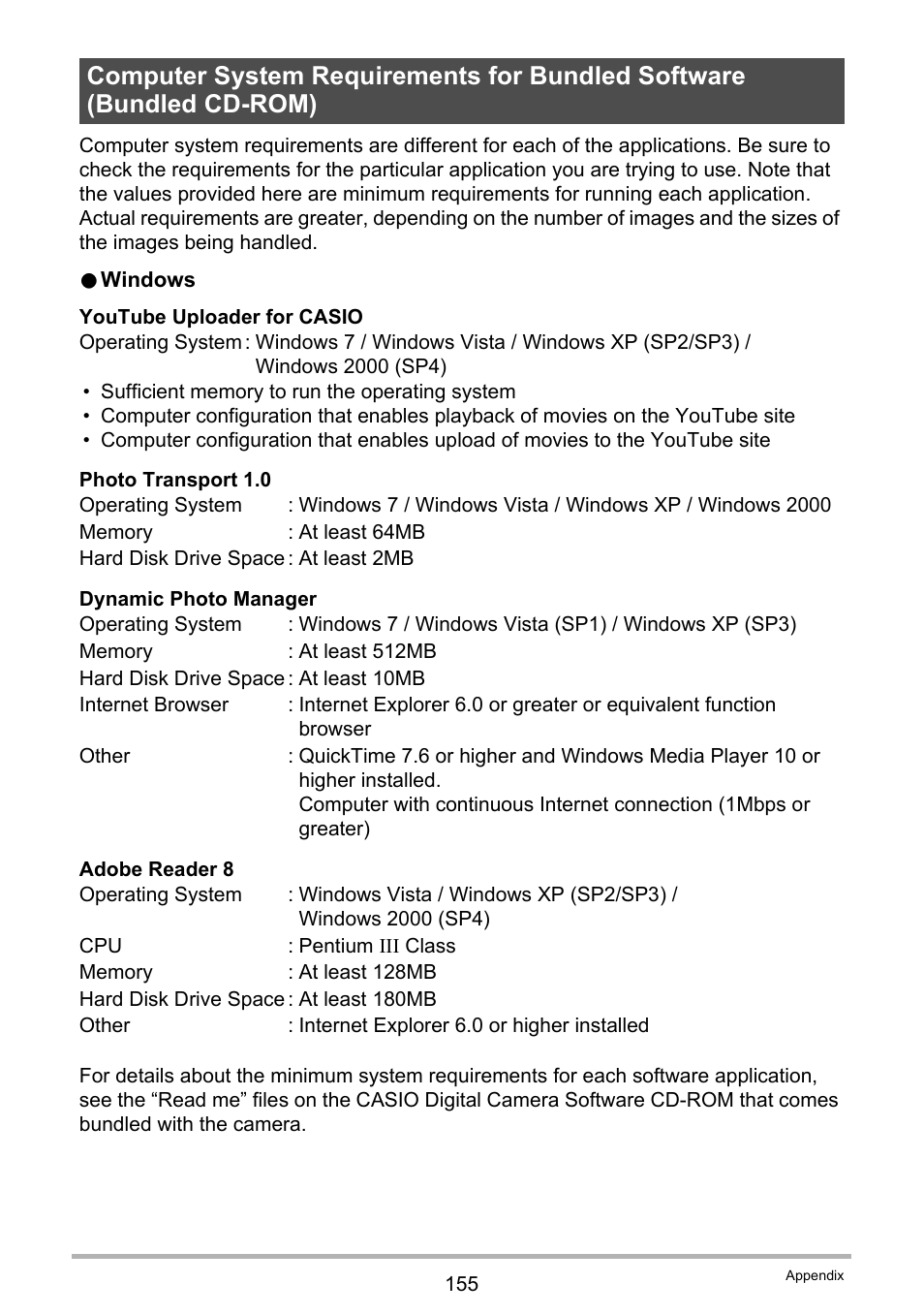 Computer system requirements for bundled software, Bundled cd-rom) . 155, Age 155 of | Casio EX-H5 User Manual | Page 155 / 186