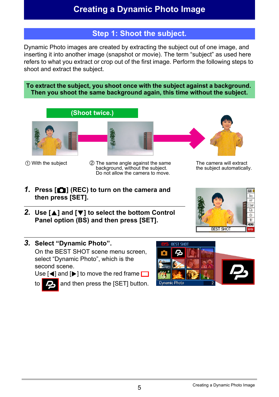 Creating a dynamic photo image, Step 1: shoot the subject | Casio EX-H5 User Manual | Page 177 / 186
