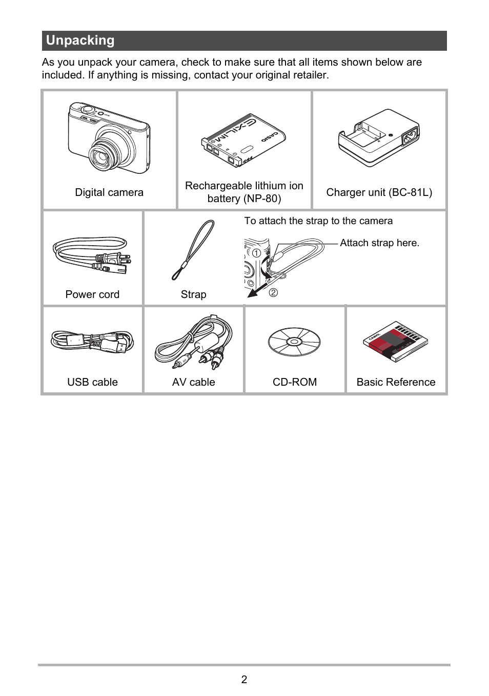 Unpacking | Casio EX-H5 User Manual | Page 2 / 186