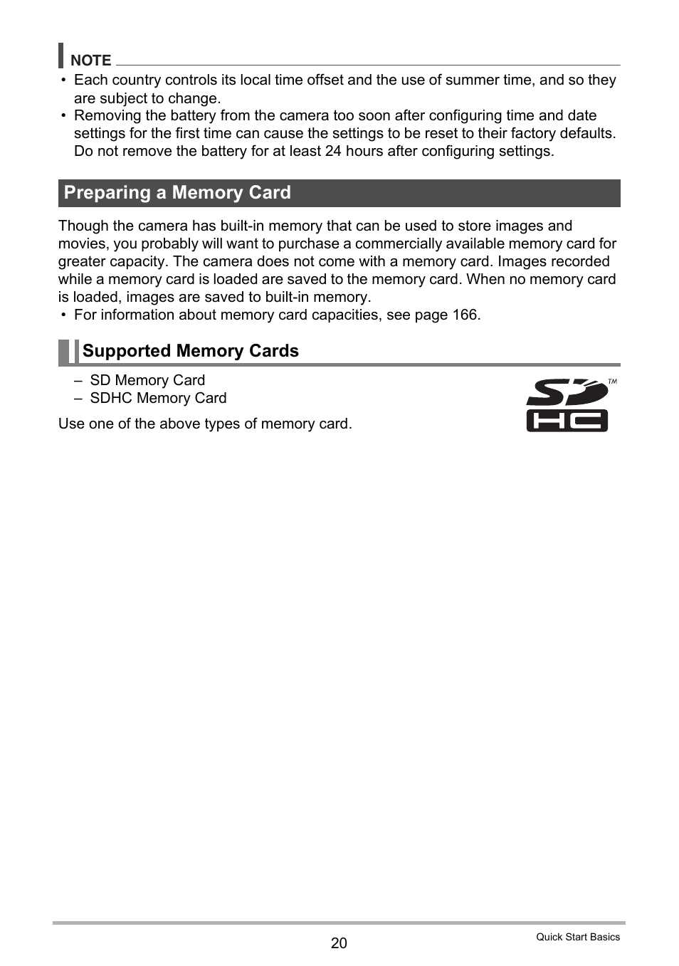 Preparing a memory card, Supported memory cards | Casio EX-H5 User Manual | Page 20 / 186