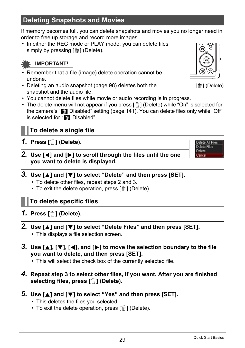 Deleting snapshots and movies, To delete a single file, To delete specific files | Casio EX-H5 User Manual | Page 29 / 186